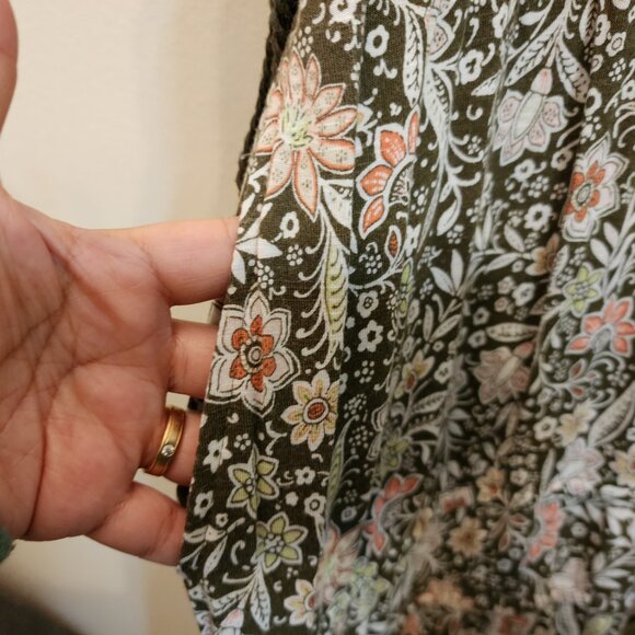 J Jill TierMaxi Floral Dress Women L Boho Khaki Green Slvless Cottage core Chic - Picture 8 of 14